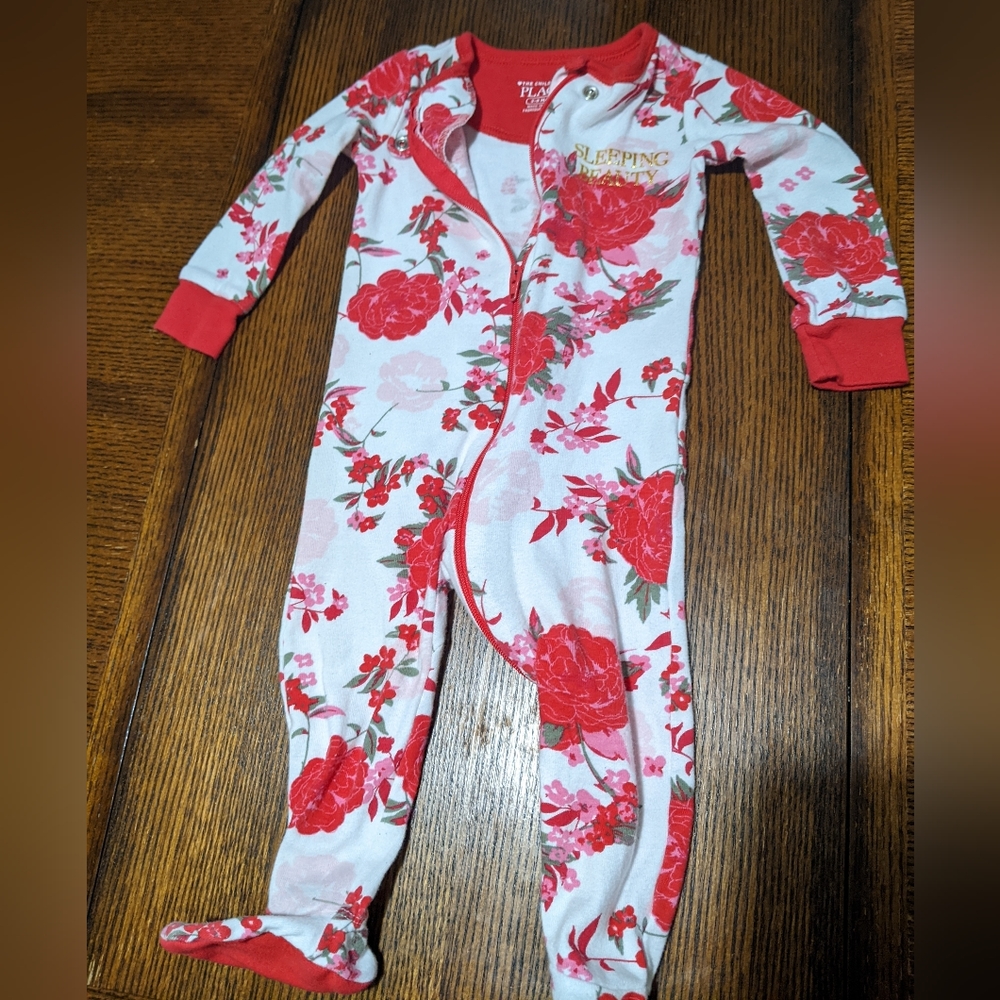 "Sleeping Beauty" Red and White Floral Onesie